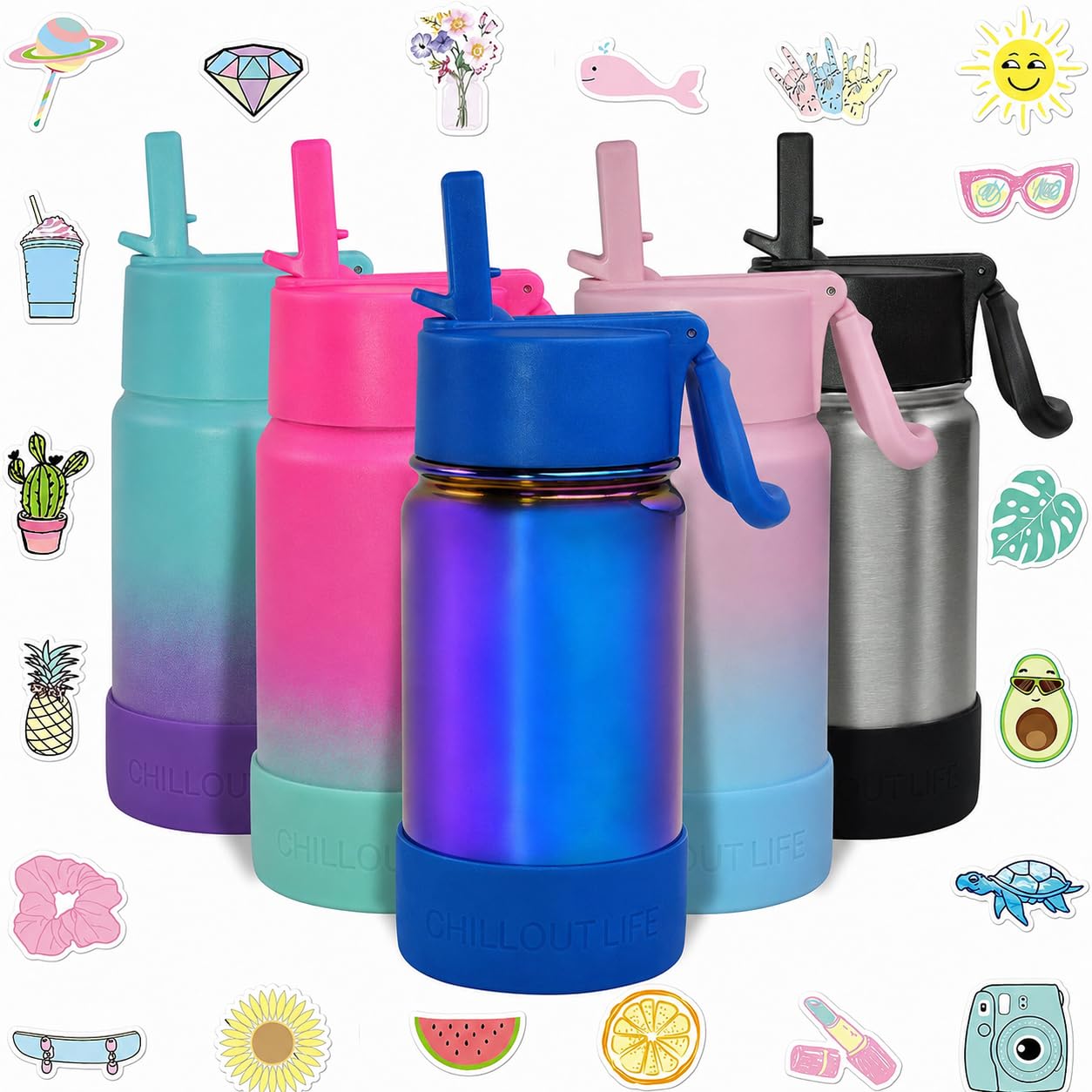 CHILLOUT LIFE Botella de agua aislada de 12 onzas para niños para la escuela con tapa con pajilla, a prueba de fugas y bonitas calcomanías impermeables, termo de acero inoxidable personalizado,