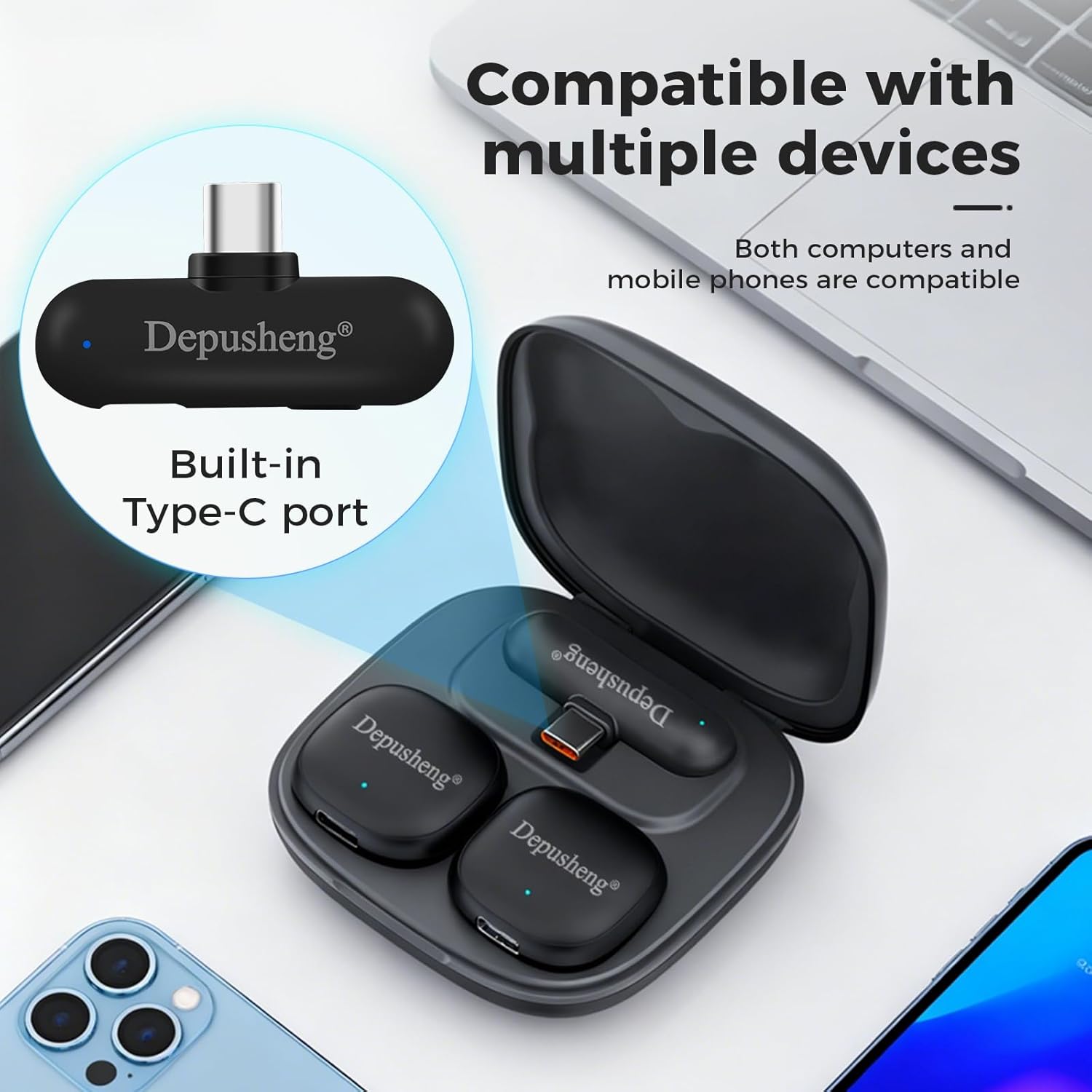 Depusheng V2 Wireless lavalier Microphone for iPhone, iPad and Android with Charging case, 8 Hours of Battery Life, Clip-on Microphone for Video Recording, vlogging, interviews，3 Noise Reduction
