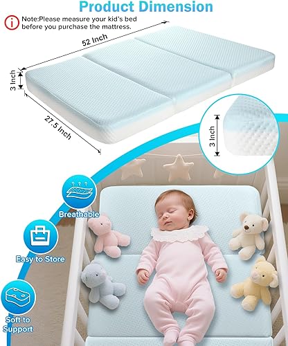 Miniatura 2 de Colchón impermeable para cuna de 3 pulgadas, colchón triple de 52 x 27.5 pulgadas para cama infantil, tapete portátil de espuma viscoelástica de