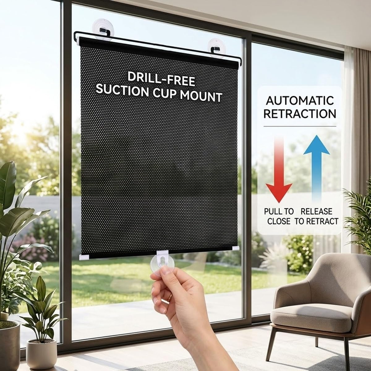 Tende Oscurante con Ventose, Tapparella Senza Foro per Interno, Tende a Rullo Parasole Protezione Solare Termica Retrattile Portatile per Finestre Casa Auto Ufficio, Nera(28"Wx54"H)