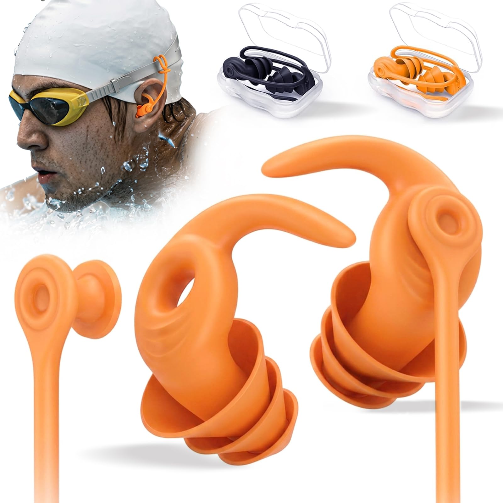 Swimming Ear Plugs for Adults, 2 Pairs Waterproof Reusable Silicone Swim Earplugs with Removable Cord, Perfect for Swimming, Showering, Prevent Ear Infections