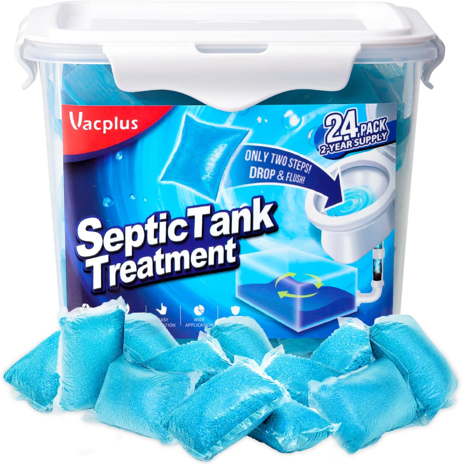 Vacplus Septic Tank Treatment - 24 Packs For 2-Year Supply, Bucket-Packed Packets, Dissolvable & Flushable Enzymes With Easy Operation Wastes Odors