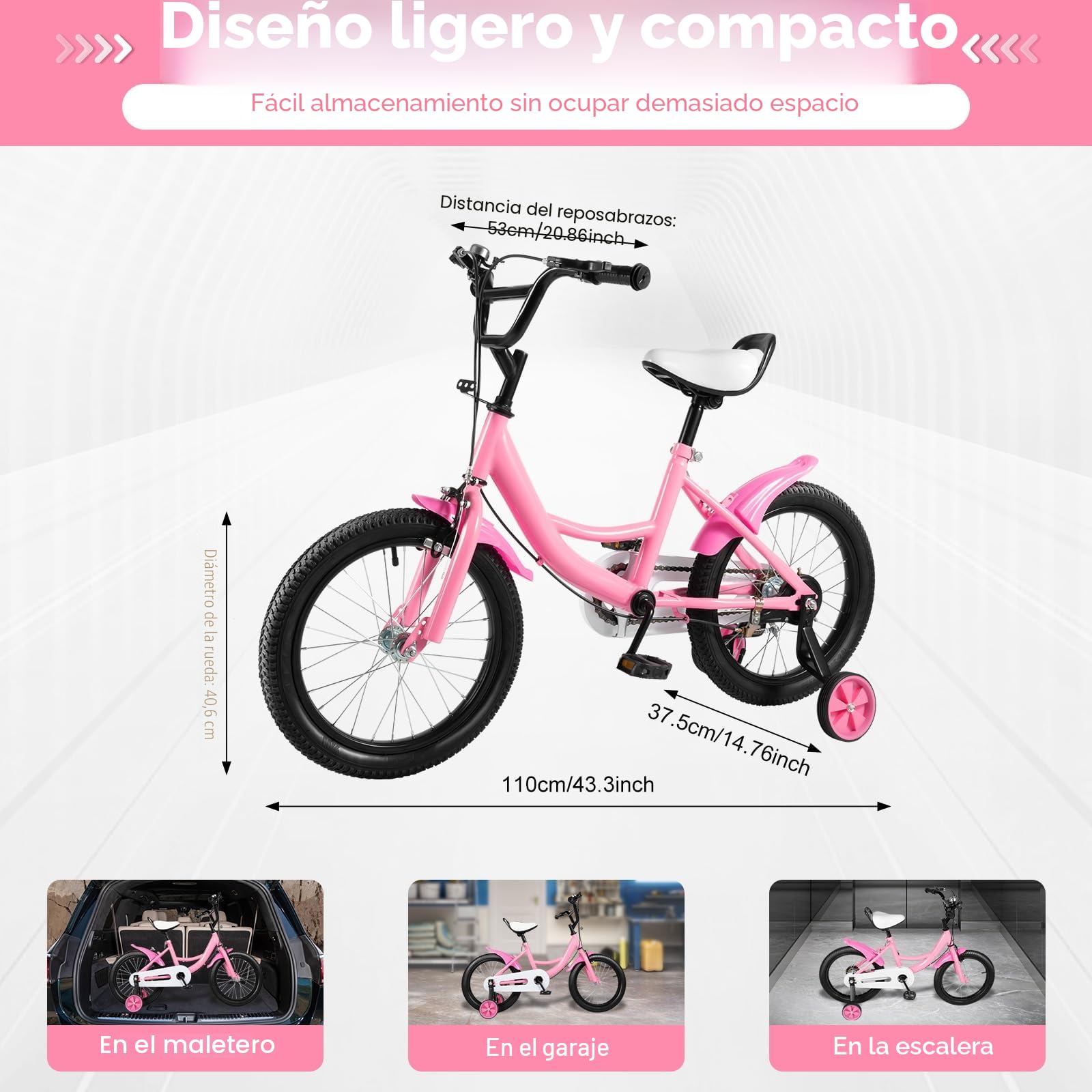 Bicicleta infantil de 16 pulgadas, para niños y niñas, altura ajustable, con ruedas estabilizadoras extraíbles, para niños y niñas a partir de 5 – 8 años