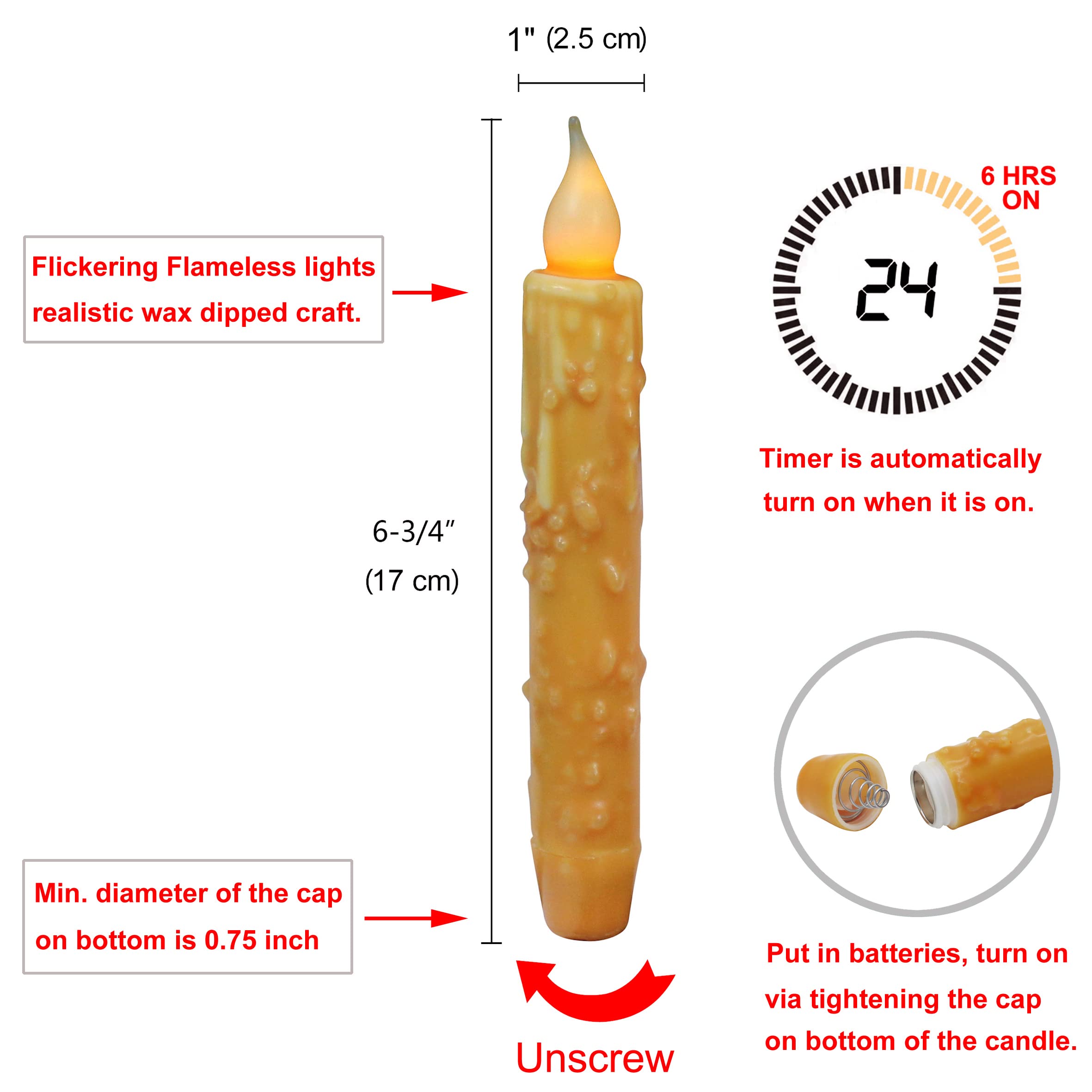 CVHOMEDECO. Velas cónicas LED de cera real sumergidas a mano, funciona con pilas, decoración rústica primitiva sin llama, 6-3/4 pulgadas, naranja, 6 unidades en un paquete