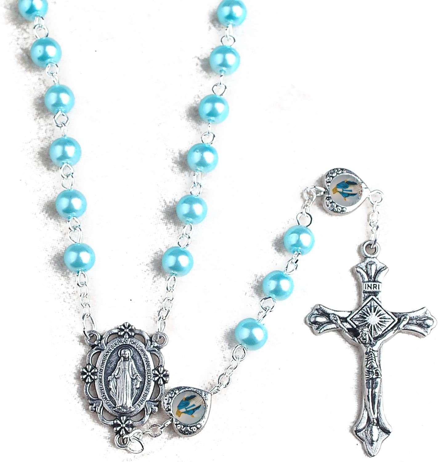 HanlinCC Glass Pearl Beads with Miraculous Epoxy Heart Metal Beads Rosary Necklace pack in Velvet Gift Bag with Rosary Pray Card - Image 5