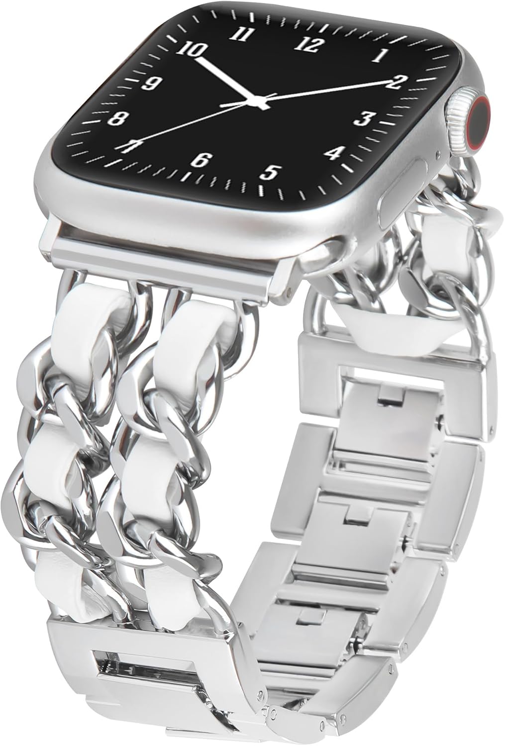 LOFOV Compatible With Apple Watch Band for Woman 38mm 40mm 41mm, Metal Strap Leather Over Gold Chain Cowboy Style Replacement iWatch Series 9 8 7 6 5 4 3 2 1 SE (Silver Link with White Leather)