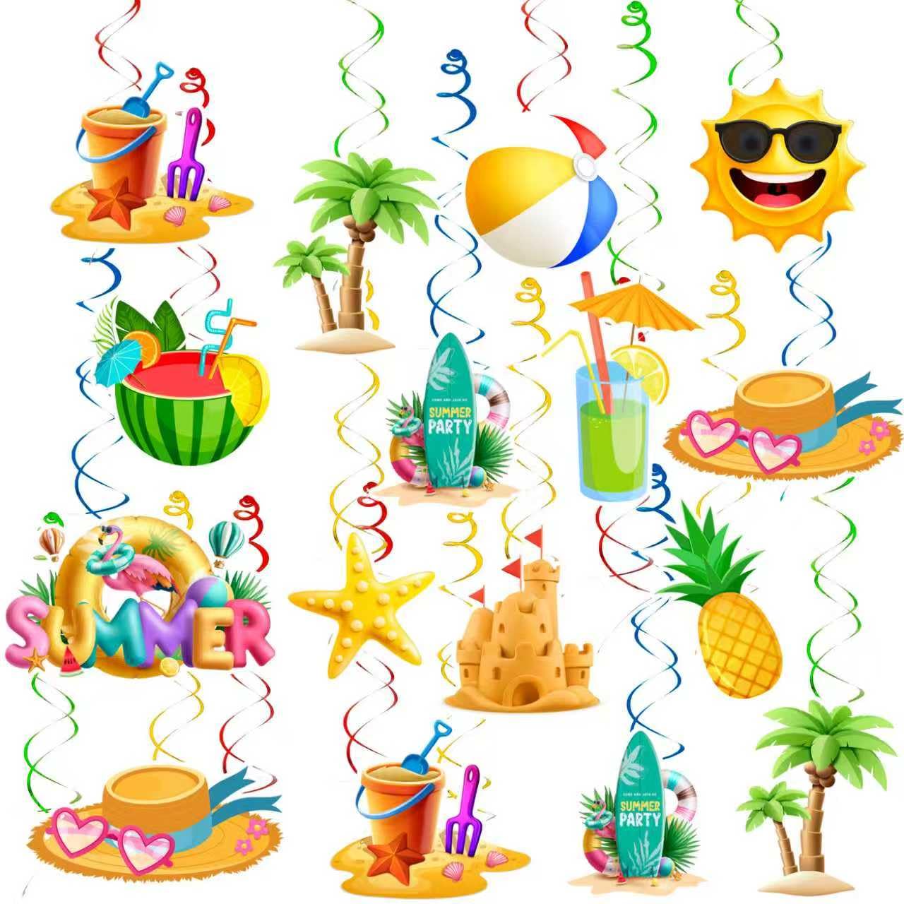 33pcs Summer Pool Party Hanging Swirls, Beach Hanging Decorations Banner Foil Ceiling Hanging Swirls Streams for Luau Hawaii Celebrating Birthday