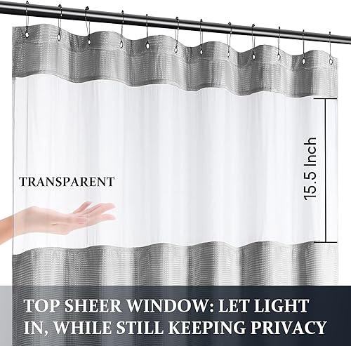 Miniatura 3 de Yimobra Juego de cortinas de ducha de tejido gofre con forro de tela a presión, tela pesada con 12 ganchos, impermeable y lavable, ventana superior