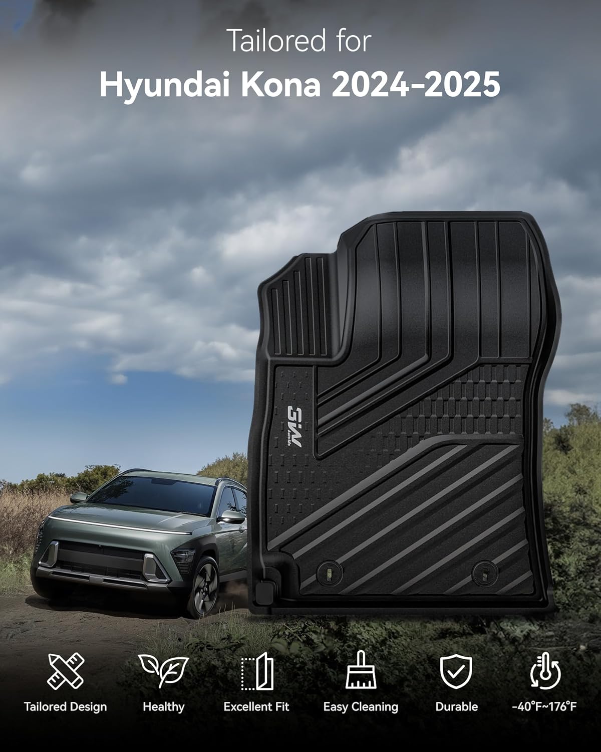 3W Floor Mats Fit Hyundai Kona 2026 2025 2024 (Gas Models Only),TPE All Weather Custom Fit Car Floor Liners 1st & 2nd Car Accessories, Black (Not for EV/Hybrid) - Image 2