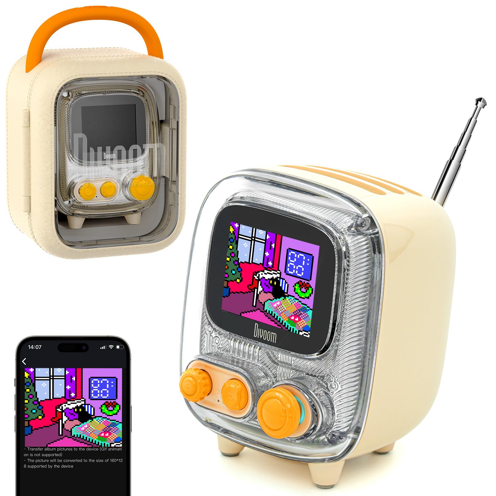 Divoom Tiivoo-2 FM Radio Bluetooth Speaker with Alarm Clock,Pixel Art Retro Mini Small Cute Wireless Speaker,Vintage Decor Suitable for Party Office Home Desk Bedroom Kitchen Outdoor,Cream