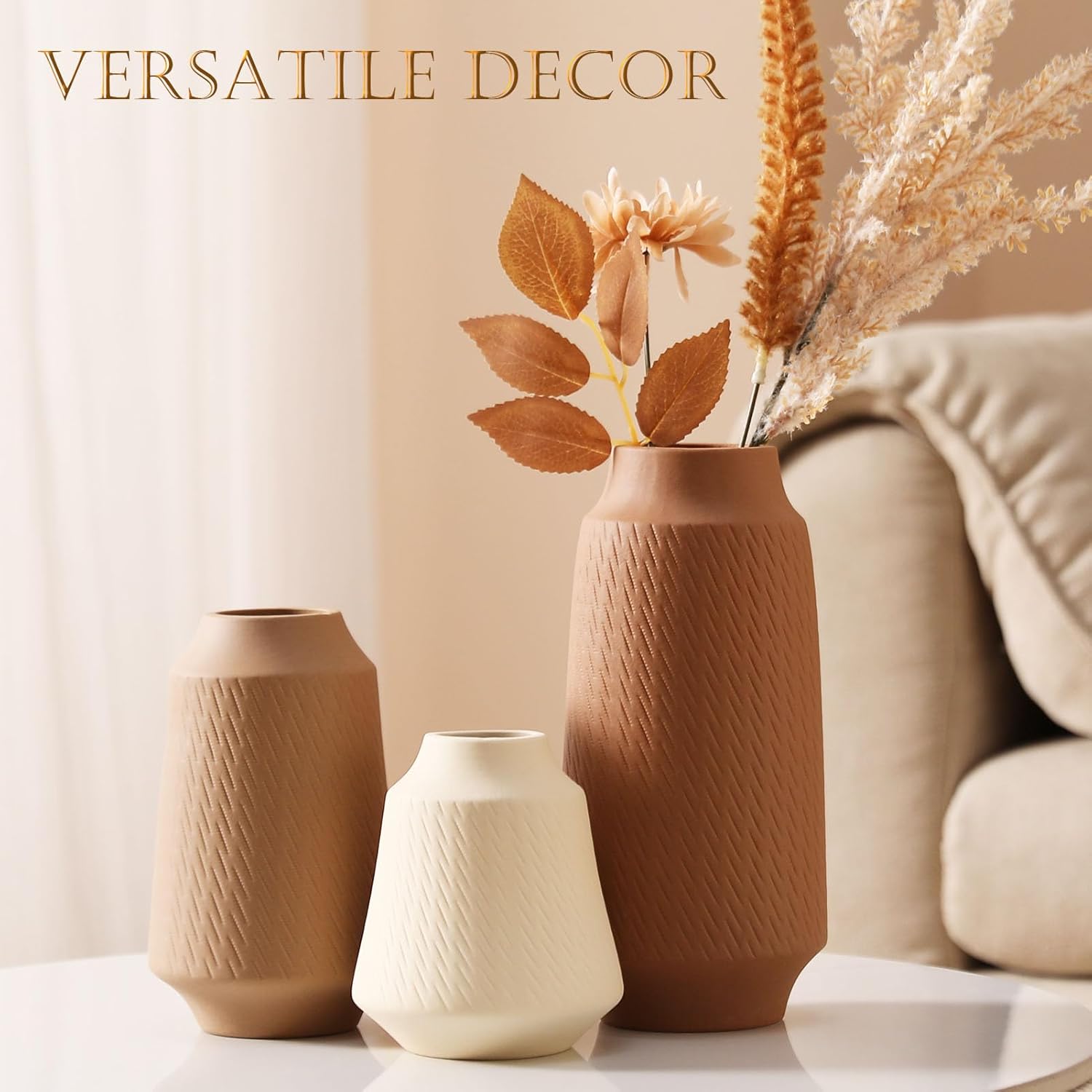 Joeabor Ceramic Vase Set of 3 - Handcrafted Ceramic Vases for Home Decor & Shelf - Modern Farmhouse Decor for Kitchen, Office, Bedroom & Living Room Decorative Objects for Mantel, Table Centerpieces