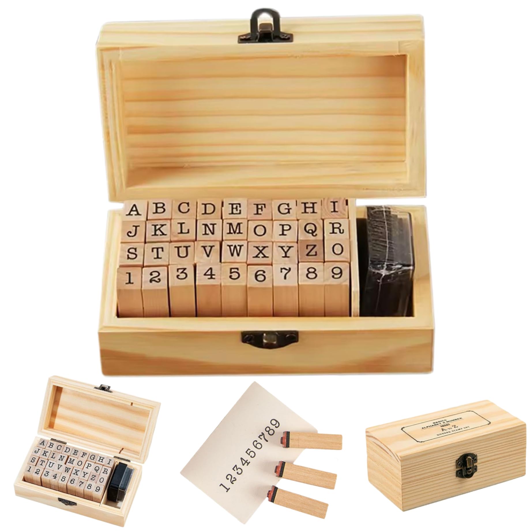 Trrymbbe 1 Set Letter Stamps for Clay, Mini Wooden Letter Stamps and Ink Pad, Number and Alphabet for Card Making with Black Ink Pad and Wooden Box Set Alphabet