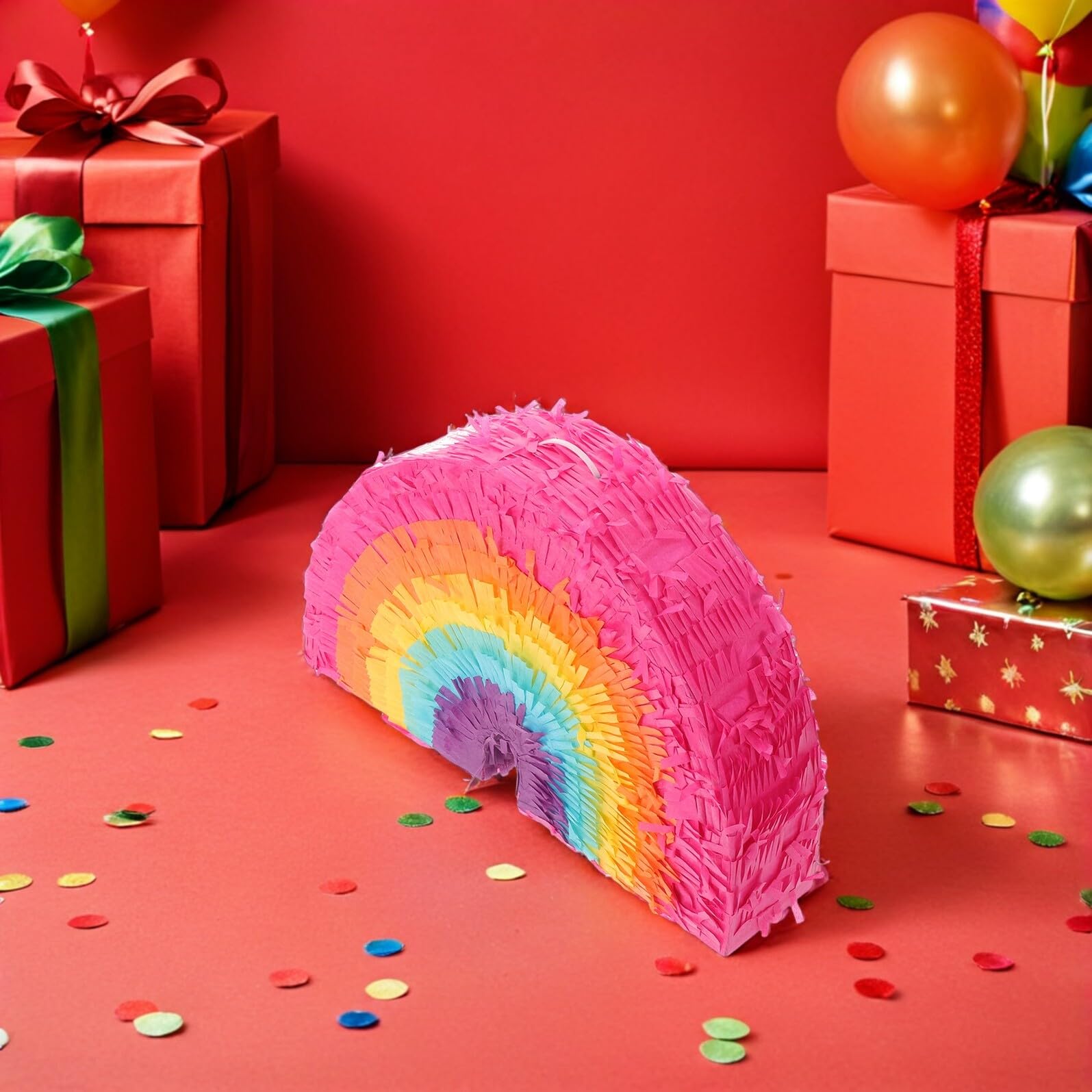 Pinata Arcobaleno a Forma di Torta, Set 1 Pezzo Carta | Bastone e Benda, Capacità 5lbs, per Feste e Carnevale, Stile Boho Dai Colori Vivaci