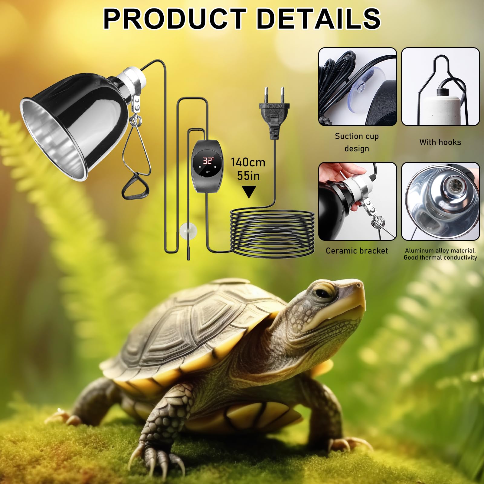 Reptilien Terrarium Dome Lampenfassung E27, Reptile Dome, Reptilien Lampenschirm mit Dimmer und Zeitschaltuhr, Wärmelampe Fassung Kuppelbefestigung für Eidechsen Schildkröte Bartagame Huhn Hund