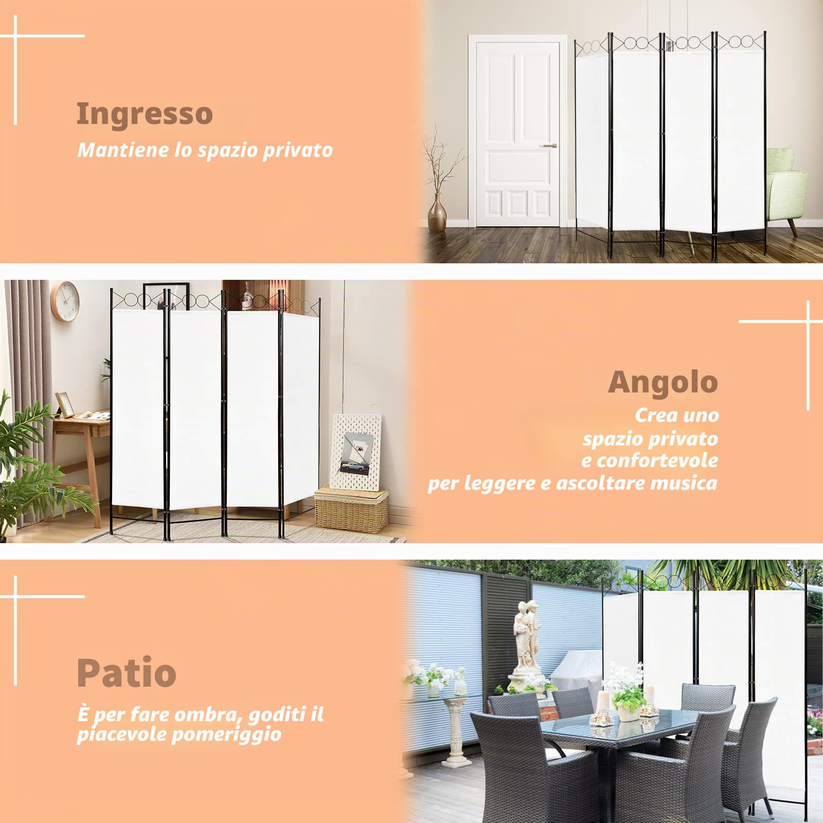 Todeco Paravento Separatore 4 Pannelli 180x160cm Bianco | Divisorio camera pleggevole, pannello 100% poliestere, per soggiorno balcone privacy, struttura leggera decorativa