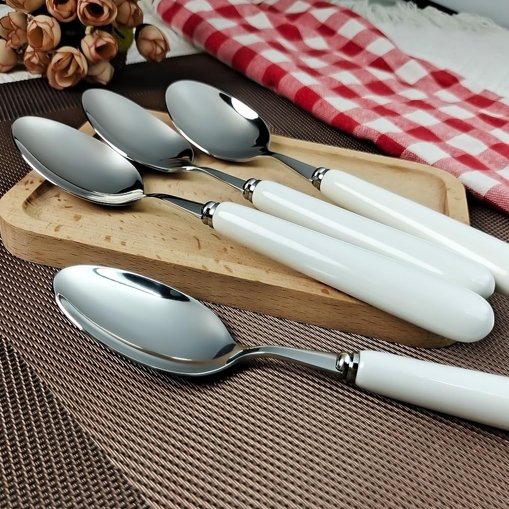 Cucchiaio da tavola fine da 20 cm con bordo rotondo di qualità, in acciaio inox 18-10, manico in ceramica bianca, cucchiai da minestra, posate per lucidatura a specchio, cucchiaio principale