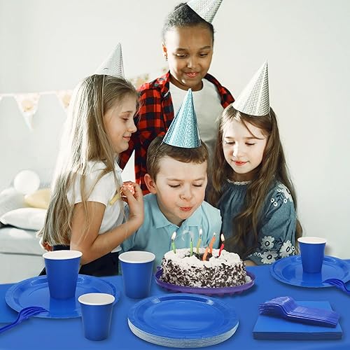 Miniatura 4 de Severs - Juego de 25 suministros de fiesta azules para invitados incluye platos de papel azul de 9 pulgadas, tazas, servilletas y mantel, platos de