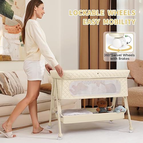 Miniatura 4 de Cuna de bebé para recién nacido, moisés de bebé con malla transpirable y colchón, cuna fácil de mover para recién nacidos con ruedas bloqueables,