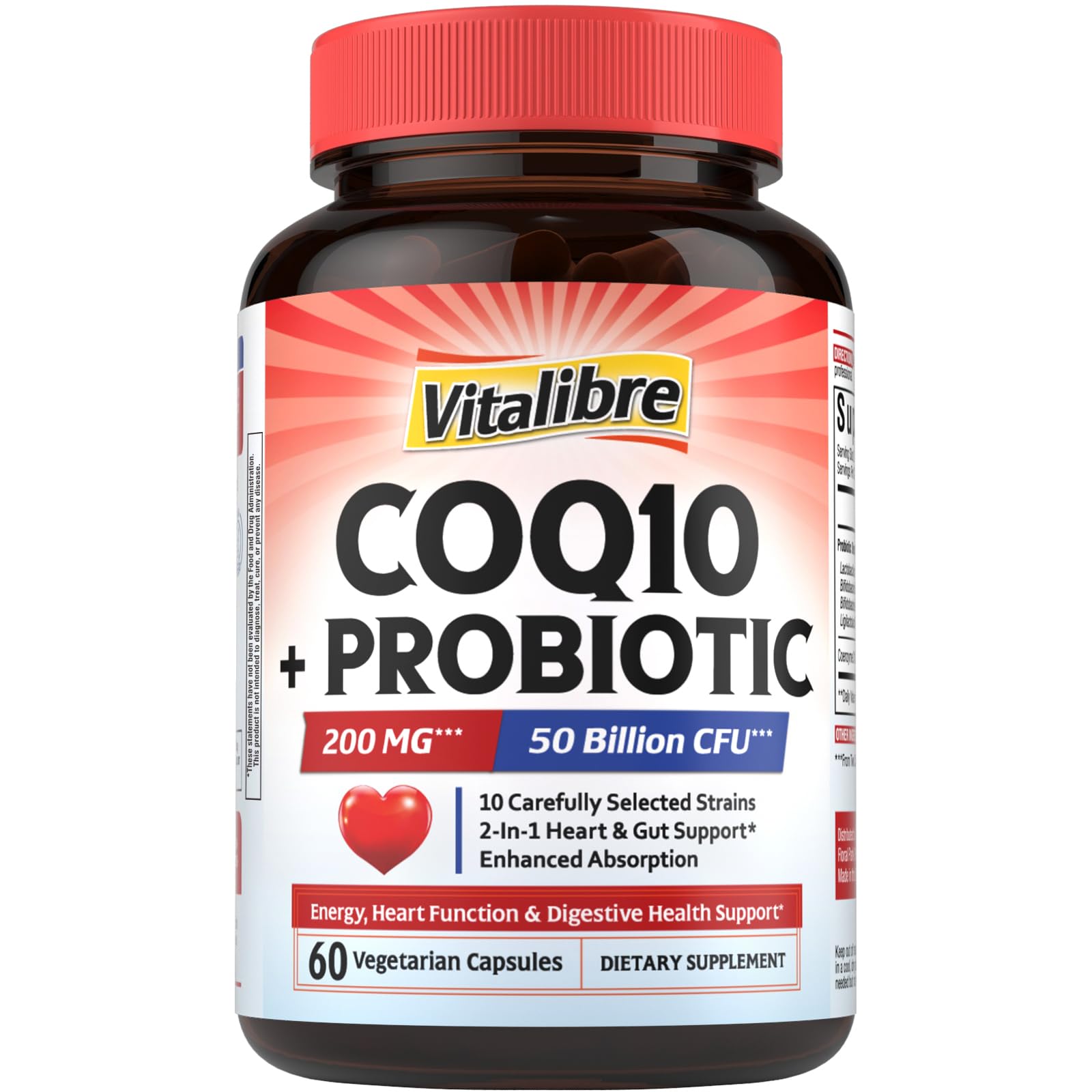 Vitalibre CoQ10 200 mg, with Probiotics for Women & Men, 50 Billion CFU, High Absorption Ubiquinone, Heart & Gut Energy Support, Powerful Antioxidant, Easy to Swallow, 60 Vegan Capsules 60 Count (Pack of 1)