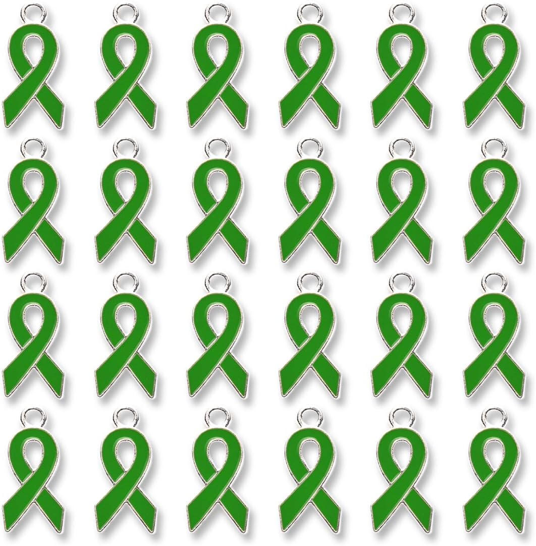 Juland 60PCS Green Mental Health Awareness Ribbon Charms, Alloy Enamel Pendant for Jewelry Making, Charity Events Craft Supplies
