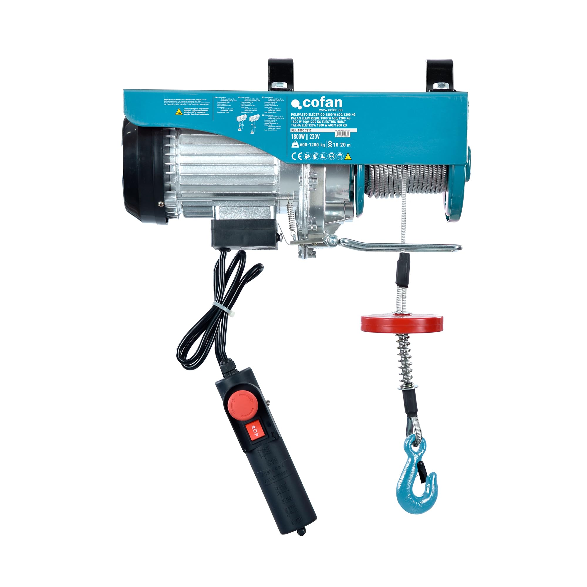 Cofan Polipasto eléctrico 1800 W | Capacidad de carga: 600/1200 kg | Altura de elevación: 10/20 m | Parada de emergencia | Incluye mando | Protección IP54