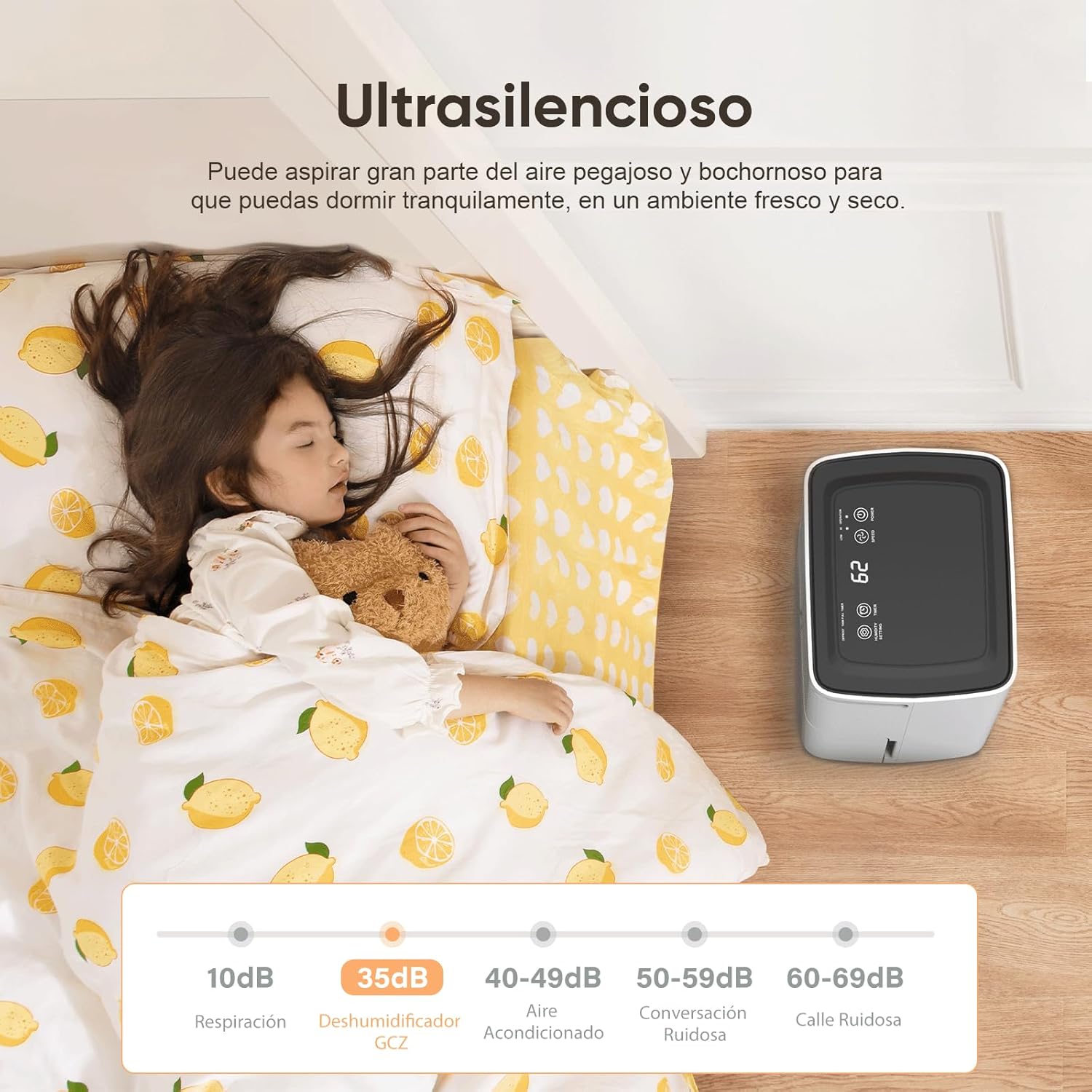 Child sleeping peacefully next to a GCZ Dehumidifier, illustrating its quiet operation