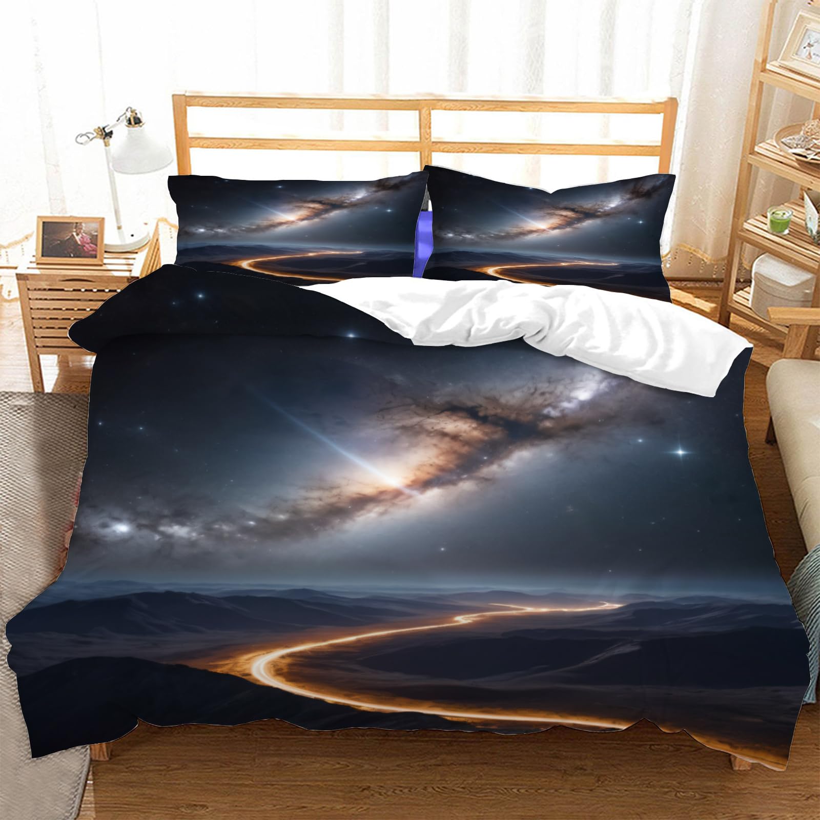 Parure de lit 2 personnes 240x260 imprimé galaxie et housse de couette microfibre ciel étoilé