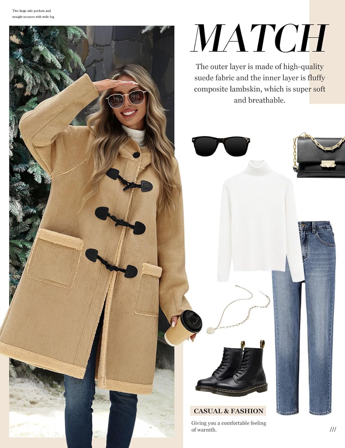 Women's Faux Suede Coat Sherpa Fleece Lined Oversize Duffle Coat Winter Mid-Length Hooded Toggle Jacket with Pockets - Image 5