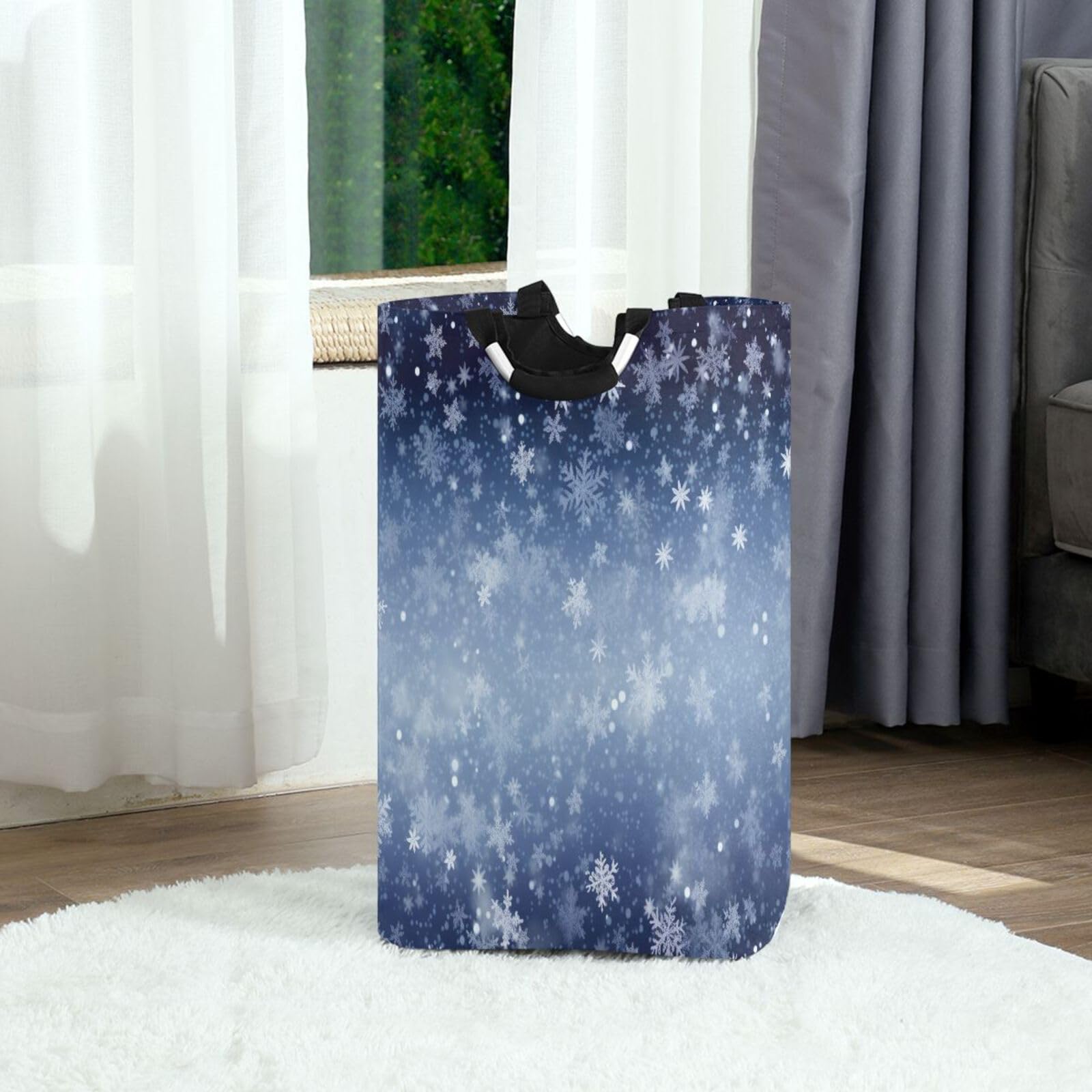 Jihqo Laundry Hamper Basket Blue Snowflakes Collapsible Nursery Storage Bin Waterproof Clothing Baskets for Home Bedroom Bathroom Washing Room