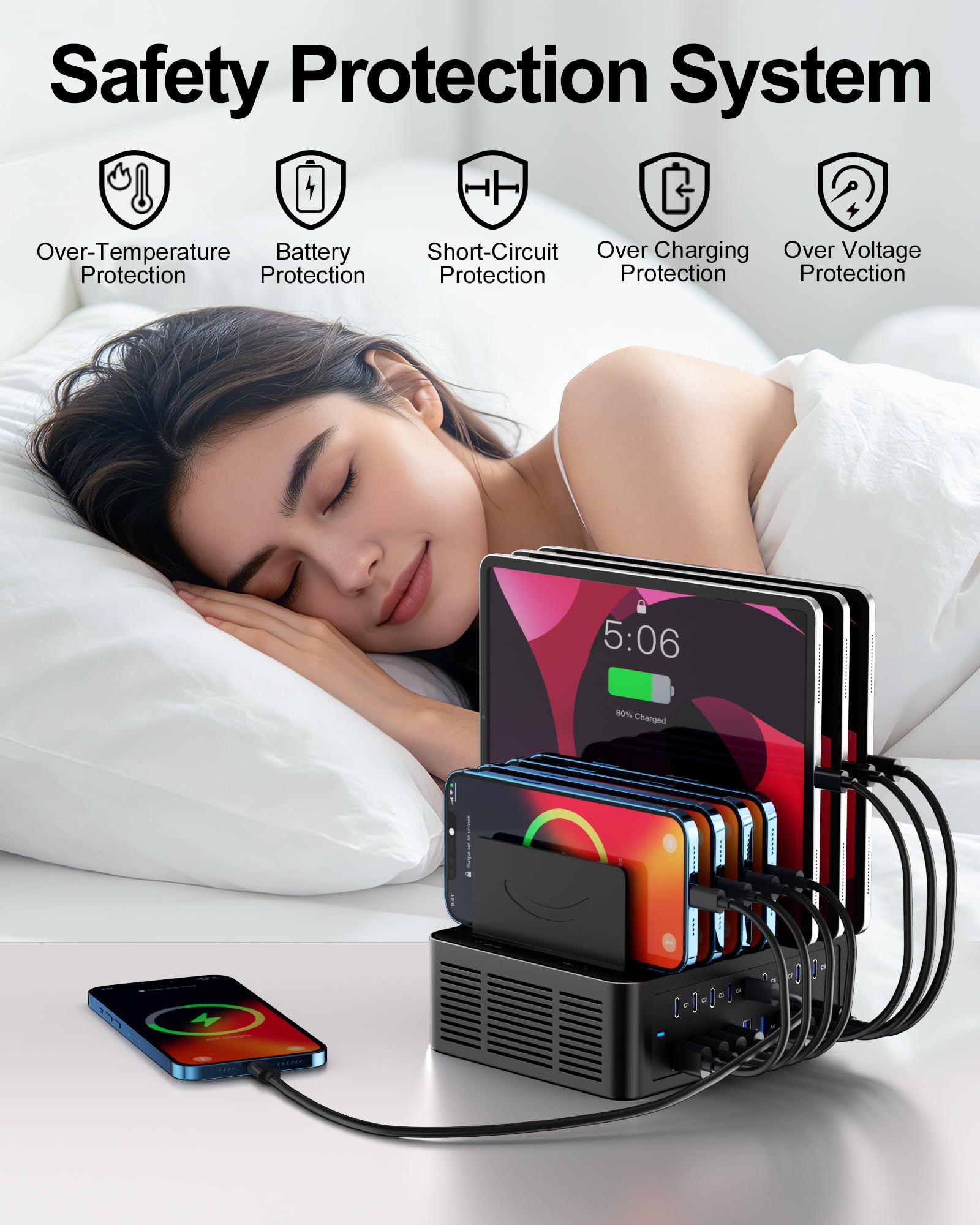 Estación de carga de 200 W/40 A para múltiples dispositivos, cargador rápido USB C de 18 puertos | Con separadores ajustables, base de carga organizadora múltiple para smartphone, iPad, Kindle, tableta y más
