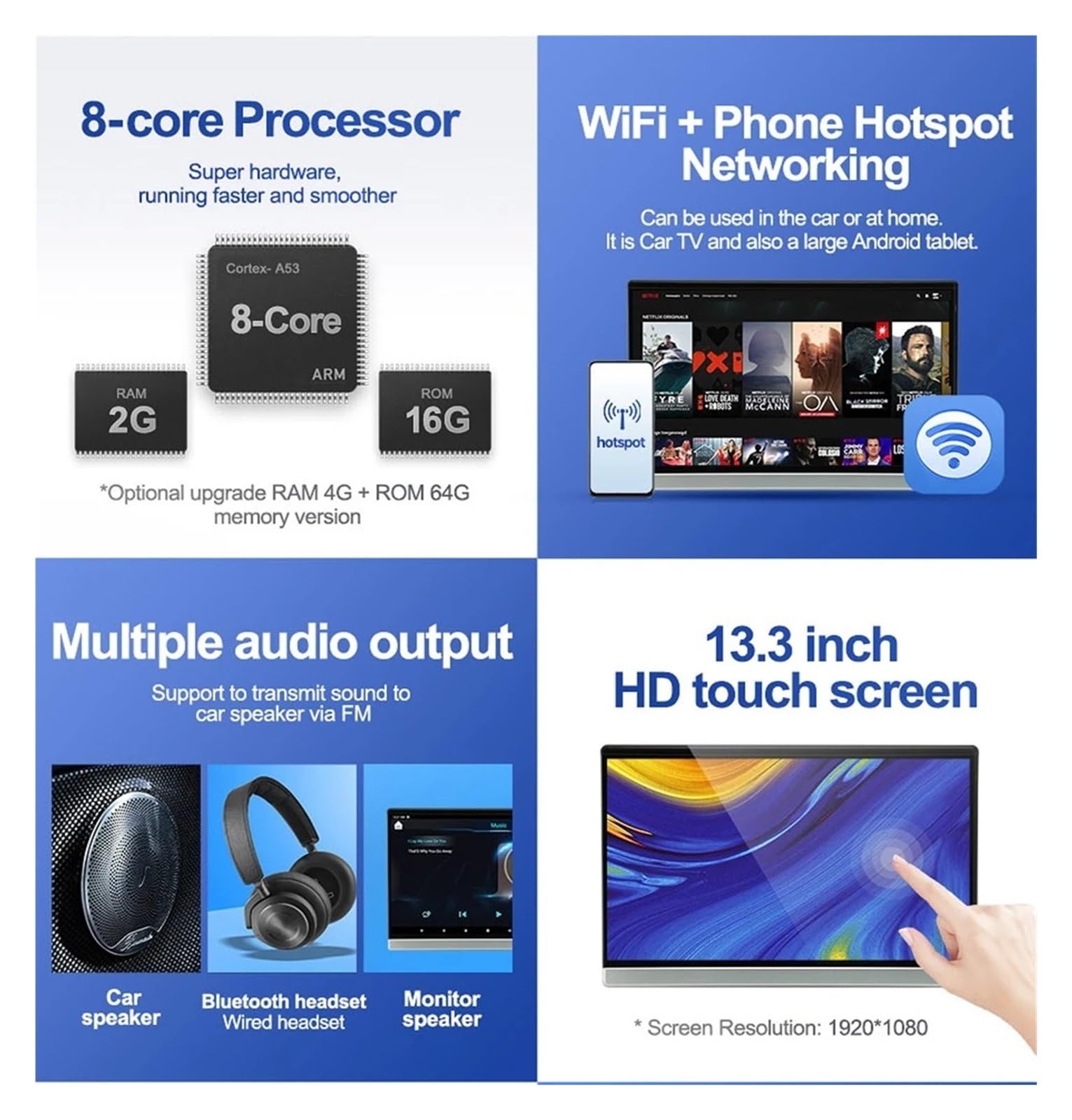 Lettore Dvd per Auto Monitor Poggiatesta for Auto da 13,3 Pollici 4K Tablet PC HD 1080P WiFi/Bluetooth/HDMI/FM/Mirror Link/Miracas App Lettore Video(2PC Monitor)