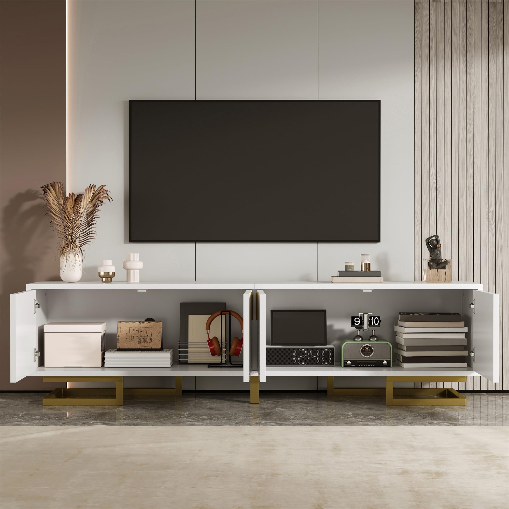 Mueble de TV moderno de 200 cm, diseño boho con líneas geométricas negras, mesa de televisión para hasta 90 pulgadas, gran espacio de almacenamiento, muebles de salón