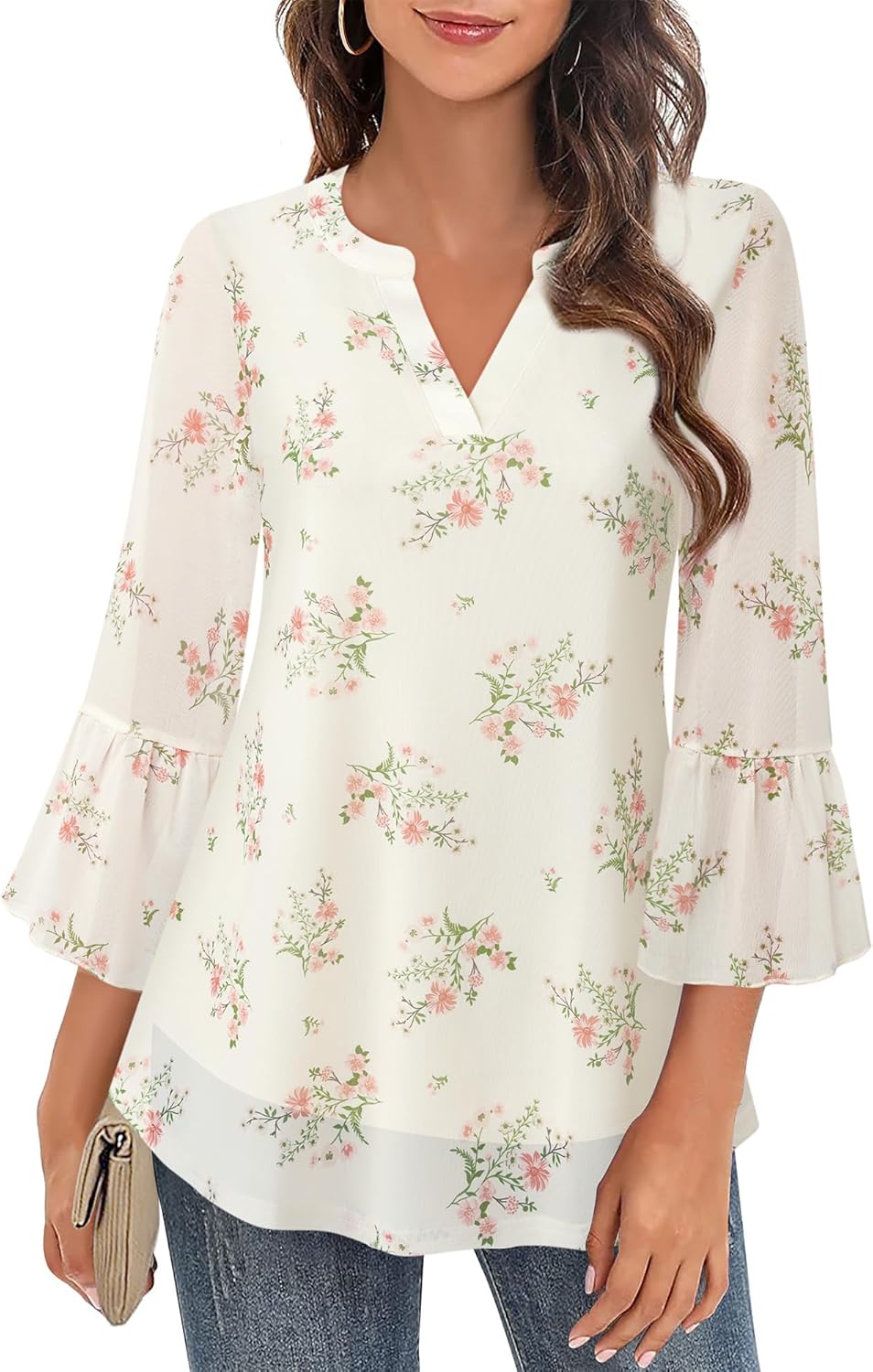 Timeson Women's 3/4 Sleeve Tops and Blouses V Neck Business Casual Shirts Dressy Tunics