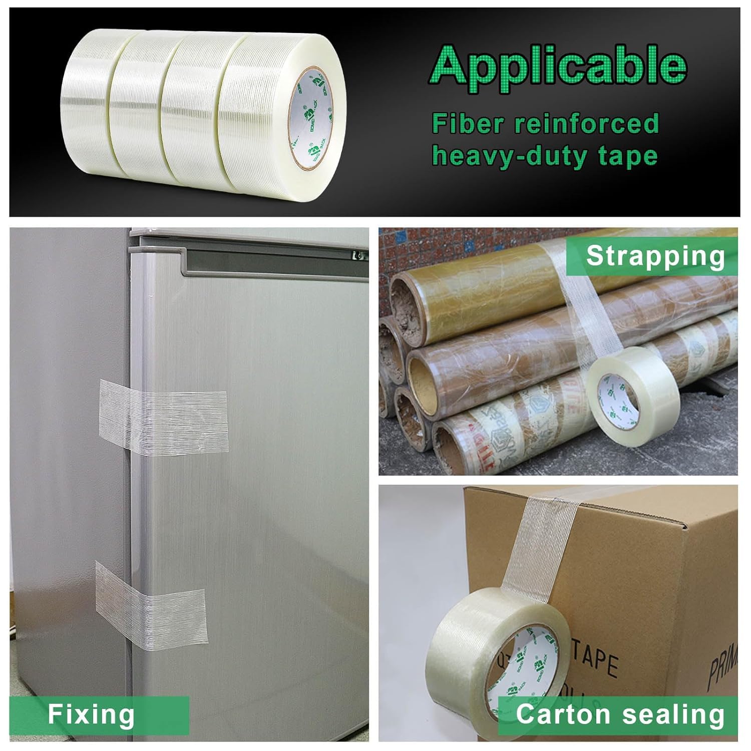 BOMEI PACK 6 Pack 2in×50yds,Mono Filament Strapping Tape, 300yds Total, Fiber Reinforced Packing, Heavy Duty Transparent Reinforced Fiberglass Tape, 5.5mils Thick