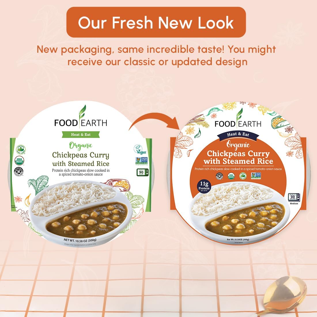 Food Earth Ready-to-Eat Indian Chickpeas Curry with Steamed Rice – Organic, Vegan, Gluten-Free, Microwavable Meal (Pack of 6 x 10.58 oz)