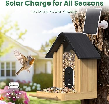 Smart Bird Feeder with Camera, 2.5K UHD Bird Feeder Camera Solar Powered, Sensitive AI Identification, Instant Alerts Capture Video, IP66 Waterproof for Outdoor, Bamboo Brown