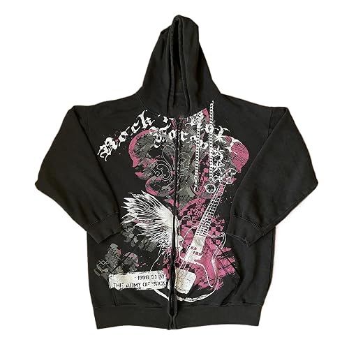 GGOOB Y2k Oversized Zip Up Hoodie Women Men Grunge 2000s Graphic Lightweight Hoodie Gothic Sweatshirts Streetwear