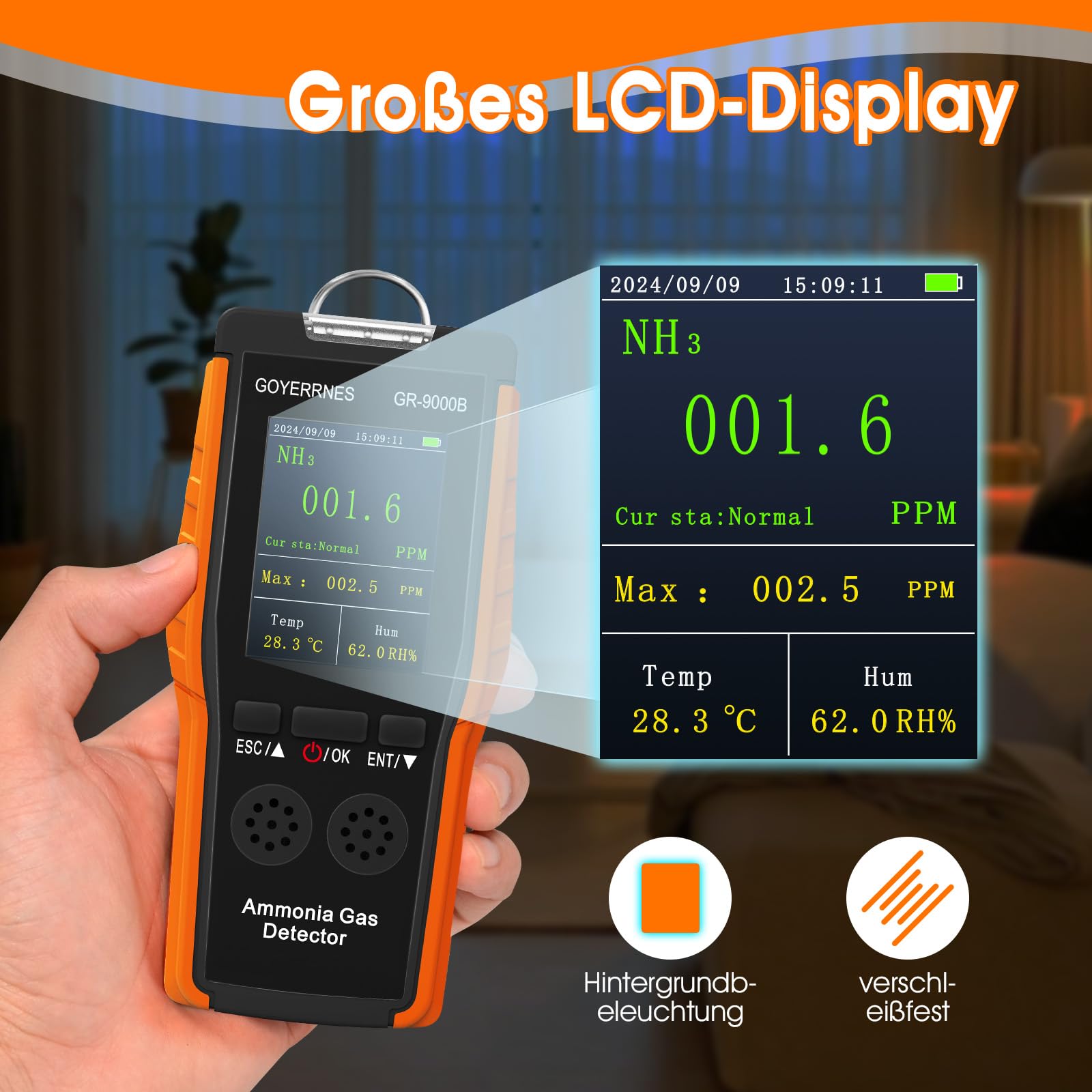 Ammoniak-Gasdetektor Tragbarer NH3 Gasdetektor mit Alarm Temperatur Luftfeuchtigkeit Digitaler Ammoniak-Dauerüberwachungssensor Bereich 0-100 PPM LCD-Bildschirm Wiederaufladbar Geeignet für Bauernhöfe