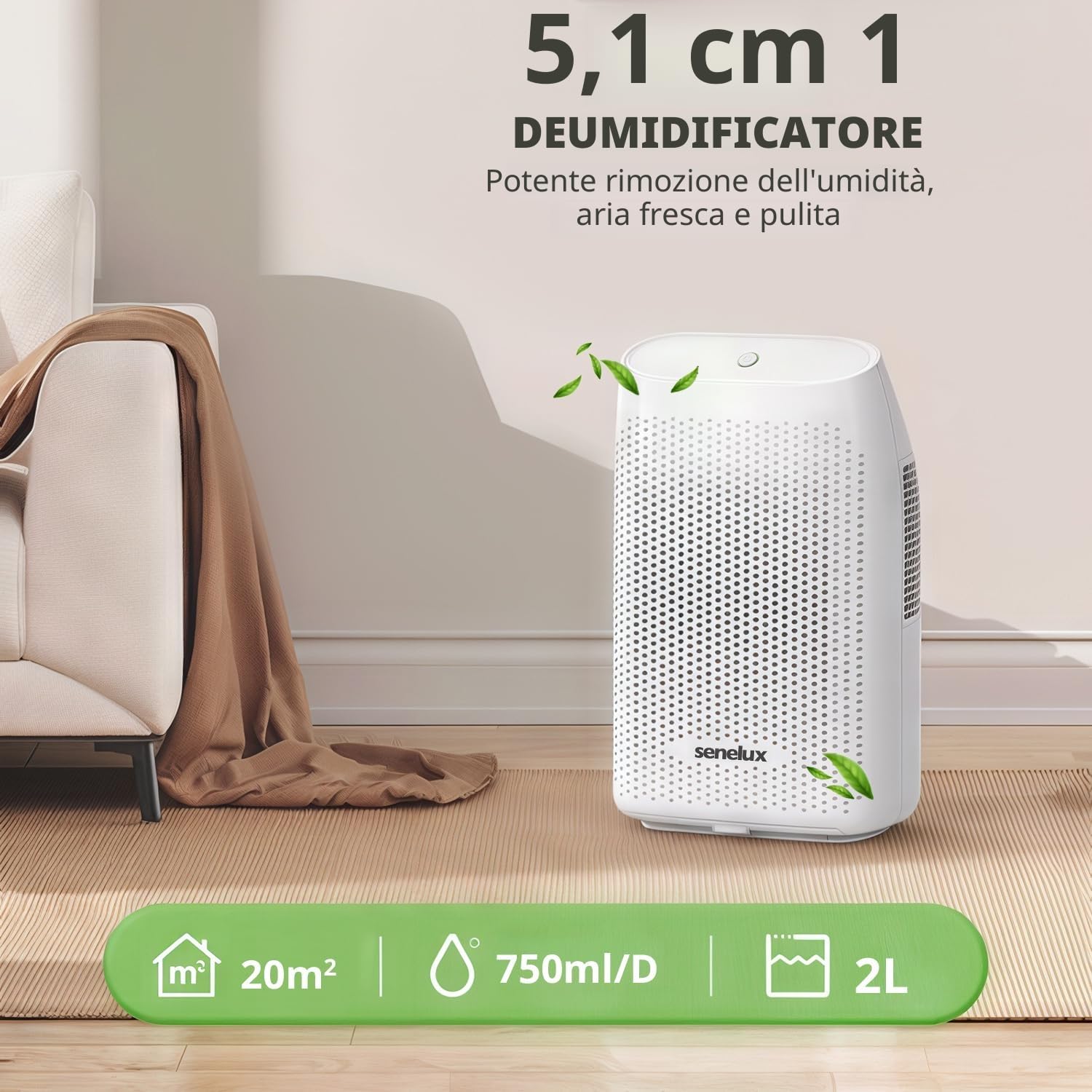 Senelux Deumidificatore T8PLUS, 2000ml, Ultra Silenzioso, Risparmio Energetico, Spegnimento Automatico, 0,71 Litri/Giorno, Bianco per Casa, Camera da Letto, Armadio ecc.