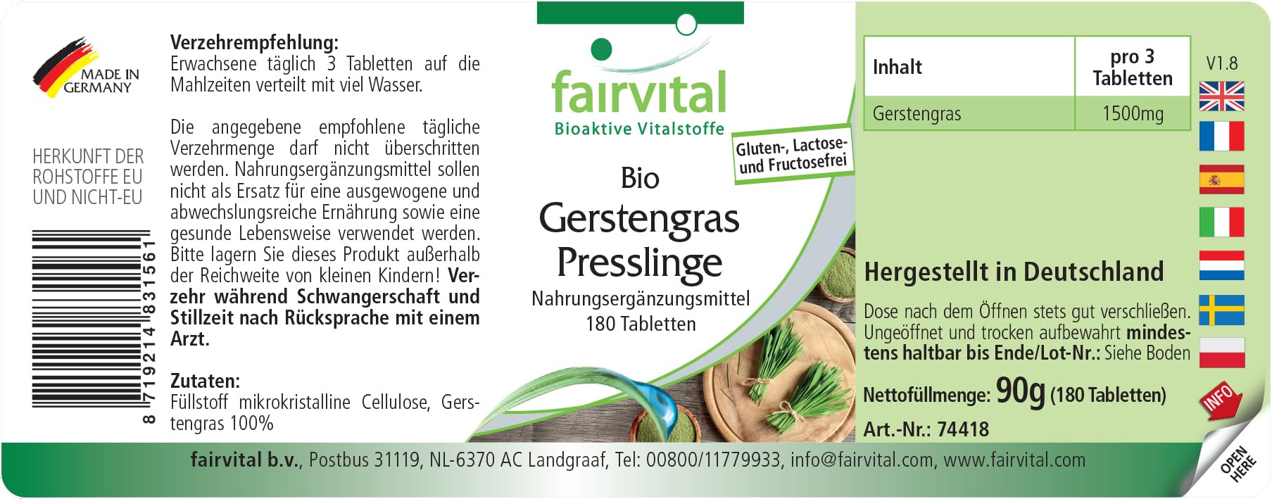 fairvital Bio Gerstengras Presslinge, 180 Tabletten, Hoch bioverfügbar, qualitätsgeprüft und hochdosiert, 100% vegan, Made in Germany