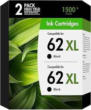 62XL 62 XL Ink Cartridges Black Compatible for HP Envy 7640 5660 2-Pack