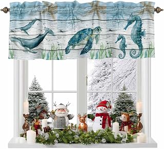 Sea Turtle Valances for Windows, Valance Curtains for Kitchen, Bathroom, Bedroom, Coastal Seahorse Whale Octopus Ocean Seagrass Rod Pocket Short Curtain 1 Panel, 42x12 in
