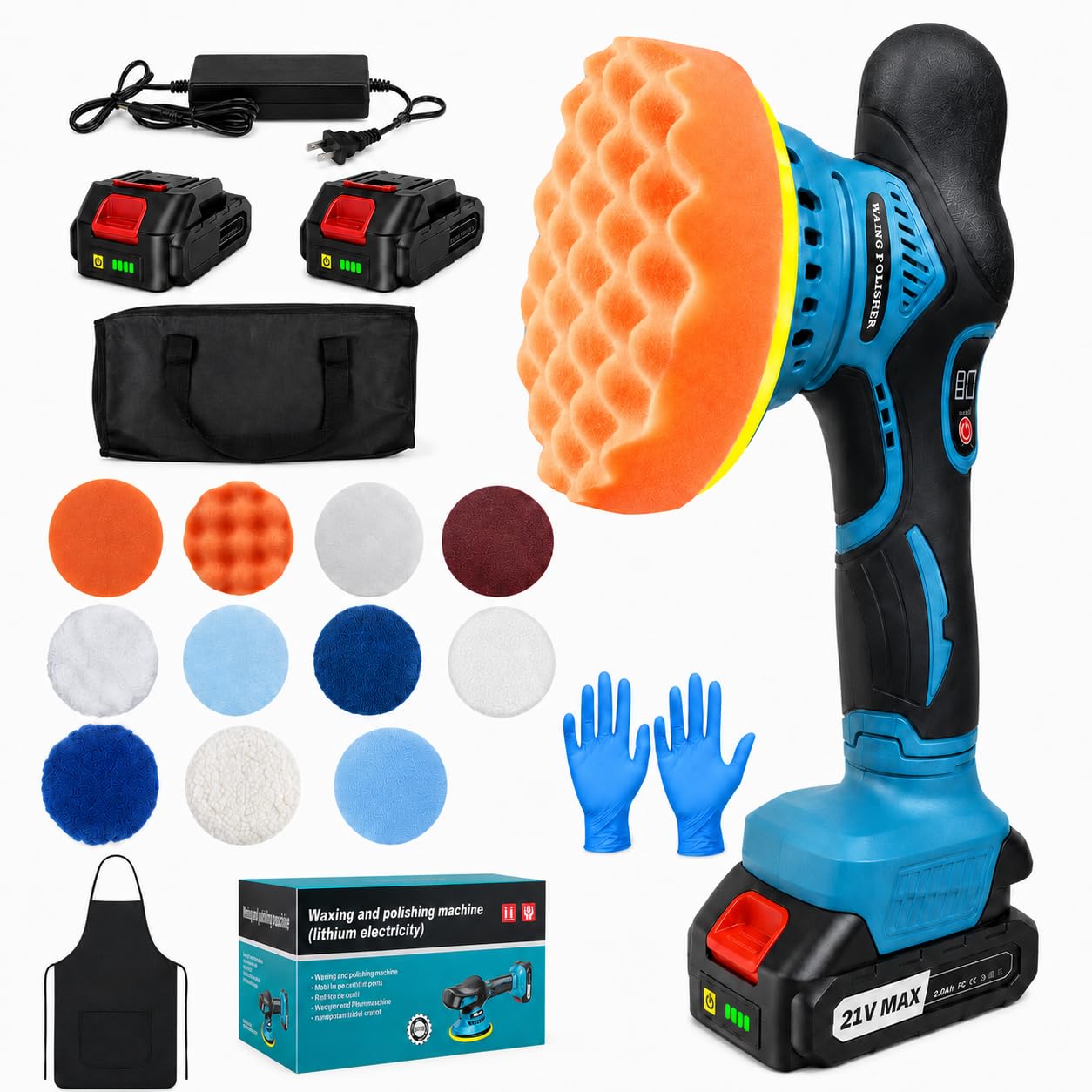 Polisseuse Voiture Sans Fil avec 2×21V 1500mAh Batteries, Lustreuse Polisseuse Orbitale, 8 Vitesses Variables 5500RPM Kit Polissage Voiture pour Entretien, Cirage, Polissage, Élimination des Rayures