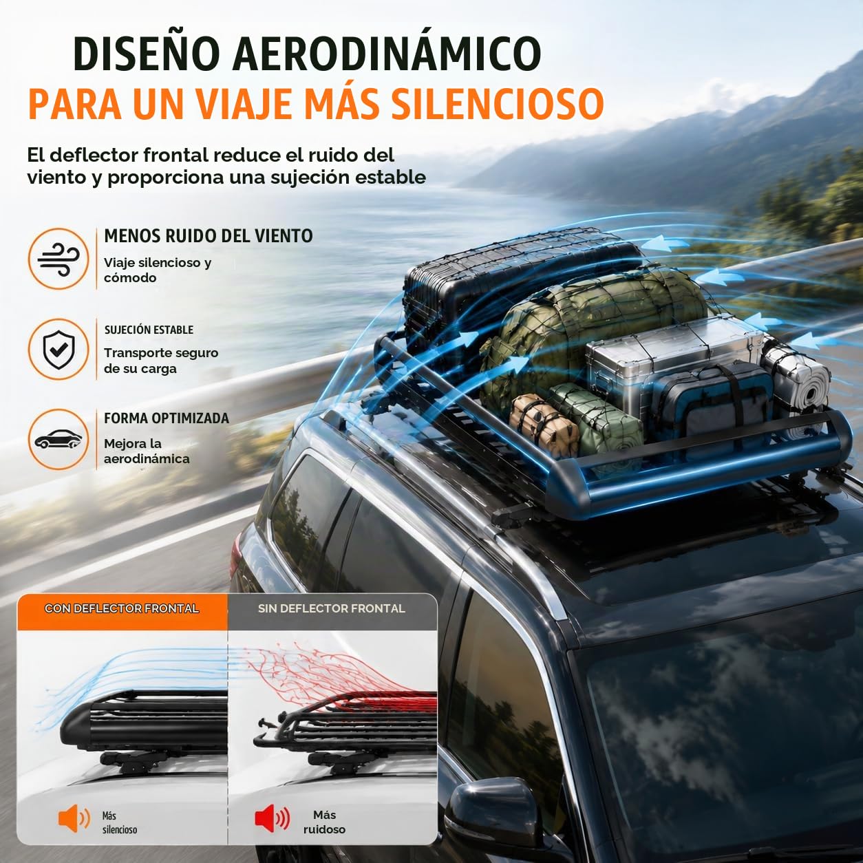 Portaequipajes de aluminio universal para techo 127x97cm, portaequipajes de doble piso con deflector de viento, portaequipajes en forma de canasta para SUV con capacidad de carga de 150kg