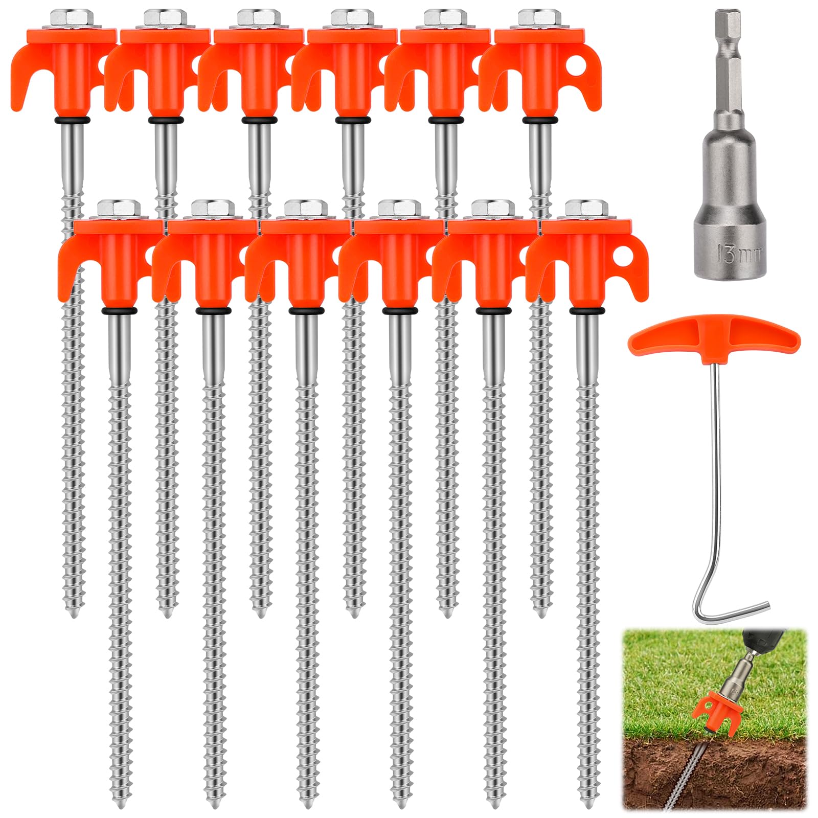 Samamoca 12 Pack Rock Pegs For Hard Standing,Heavy Duty Metal Tent Pegs,Threaded Tent Pegs,With Drill Adapter & Nail Puller - Ideal For Tents, Camping, Garden, Gazebos & Awnings(Orange)