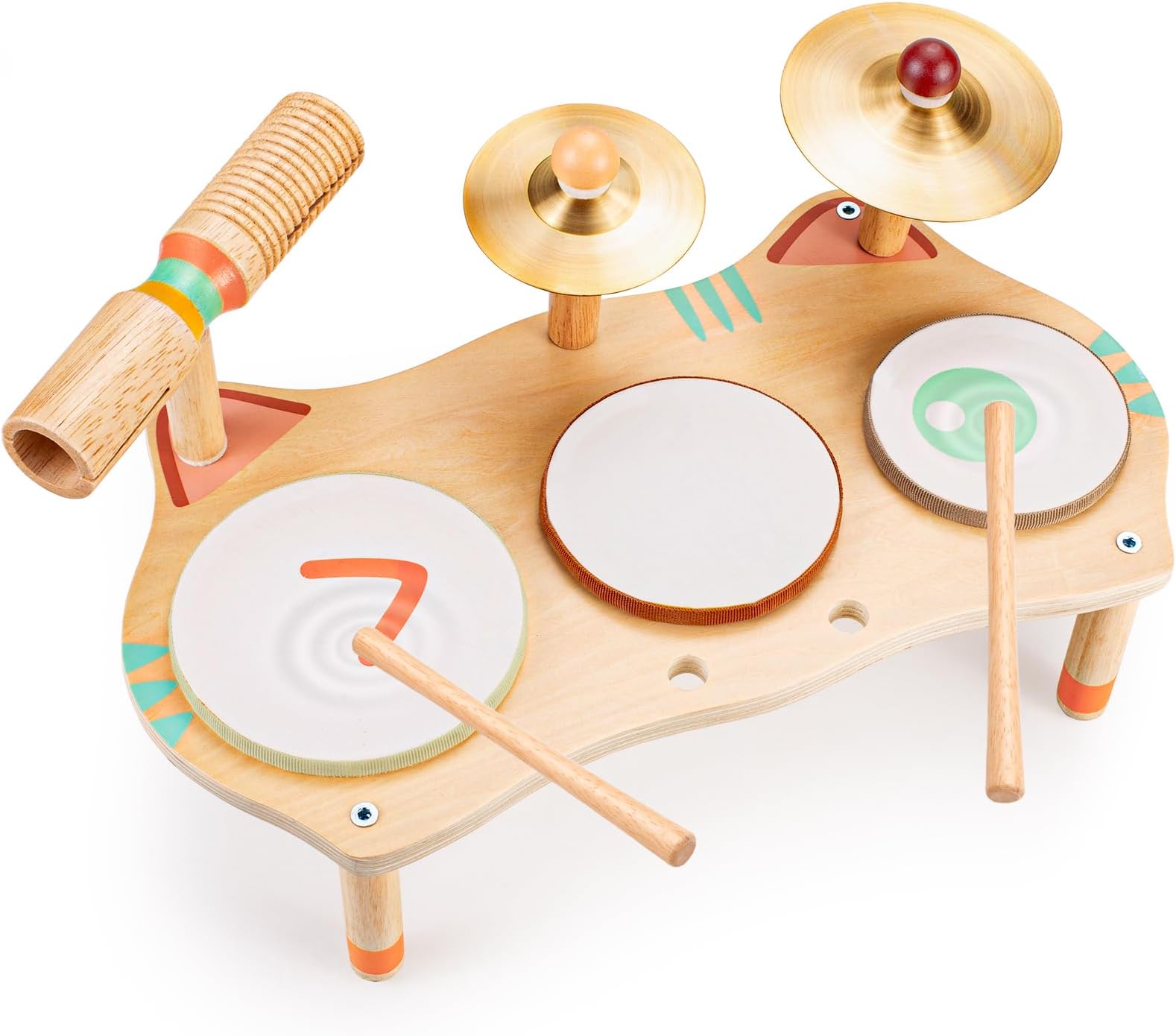 OATHX Kids Drum Set for Toddlers 3+, All-in-One Montessori Musical Instruments - Wooden Music Toys for Baby, Neutral Colors, Sensory Preschool Drum Kit, Birthday Gifts for Boys Girls