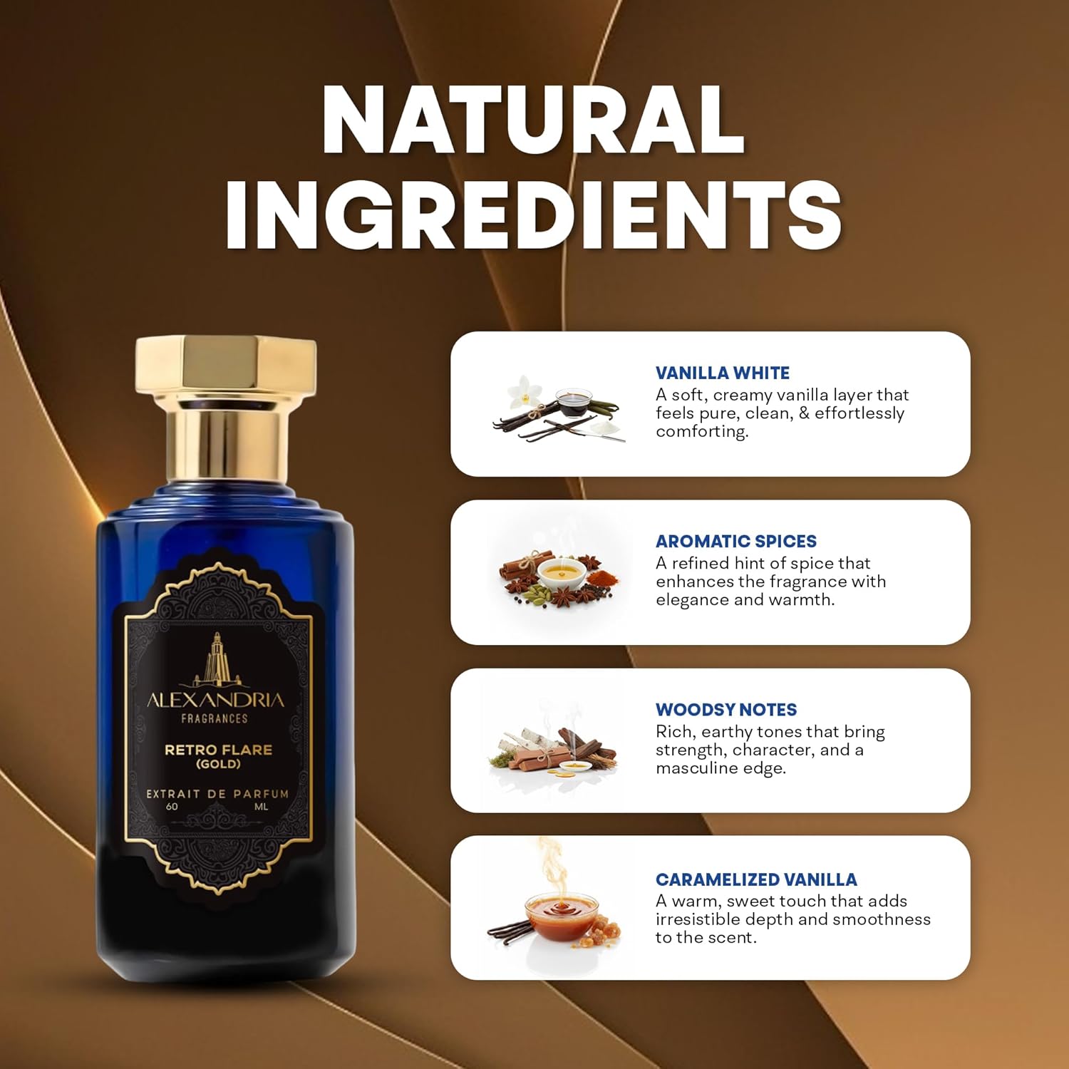 Alexandria Fragrances Retro Flare (Gold) Perfume – Premium Men’s Eau de Parfum with Caramelized Vanilla Notes – Luxury Fragrance with Woodsy & Vanilla – Man's Cologne for Every Occasions – 60ml