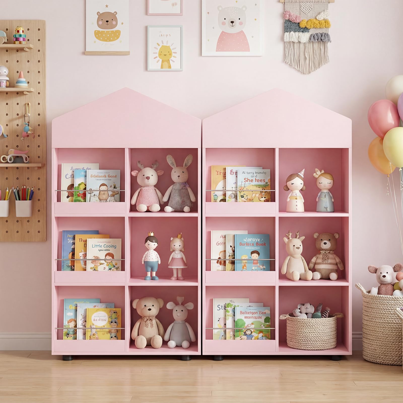 COSTWAY Estantería Infantil de Madera, Organizador Juguetes Tipo Casita de Muñecas con Compartimentos, Kits Antivuelco, Barras y Baffles Anticaída, Biblioteca para Sala de Juegos,64x30x116cm (Rosa)