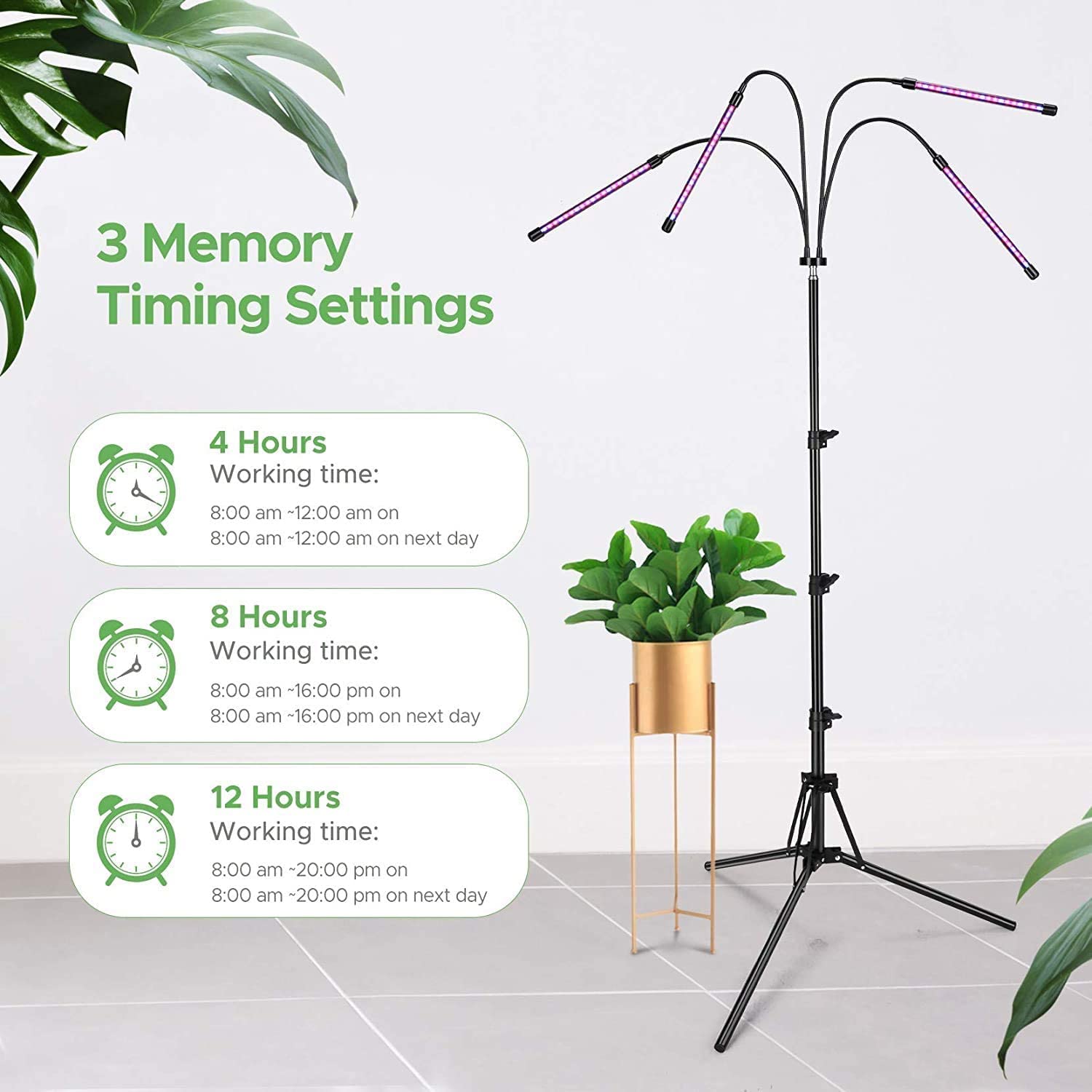 Luces de cultivo para plantas de interior, luz LED de crecimiento, 4 cabezales, lámparas LED de espectro completo para plantas, lámparas de cultivo de plantas con LED rojo y azul, soporte ajustable,