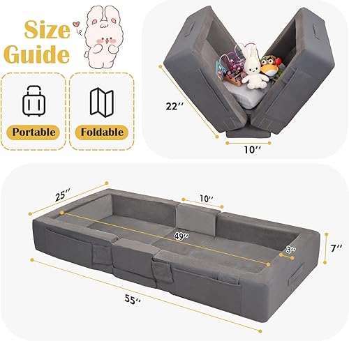 Miniatura 2 de ENITYA Cama de viaje para niños pequeños – Cama de piso de espuma suave plegable y portátil para niños de 1 a 4 años, sin ensamblaje, cubierta Gris